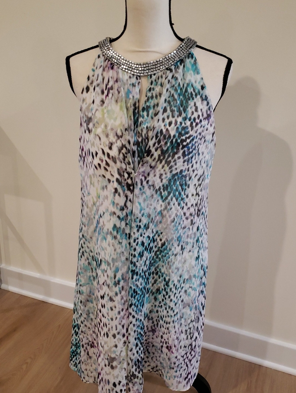 Vince Camuto Jeweled Halter Animal-Print Dress in Teal, Purple & White